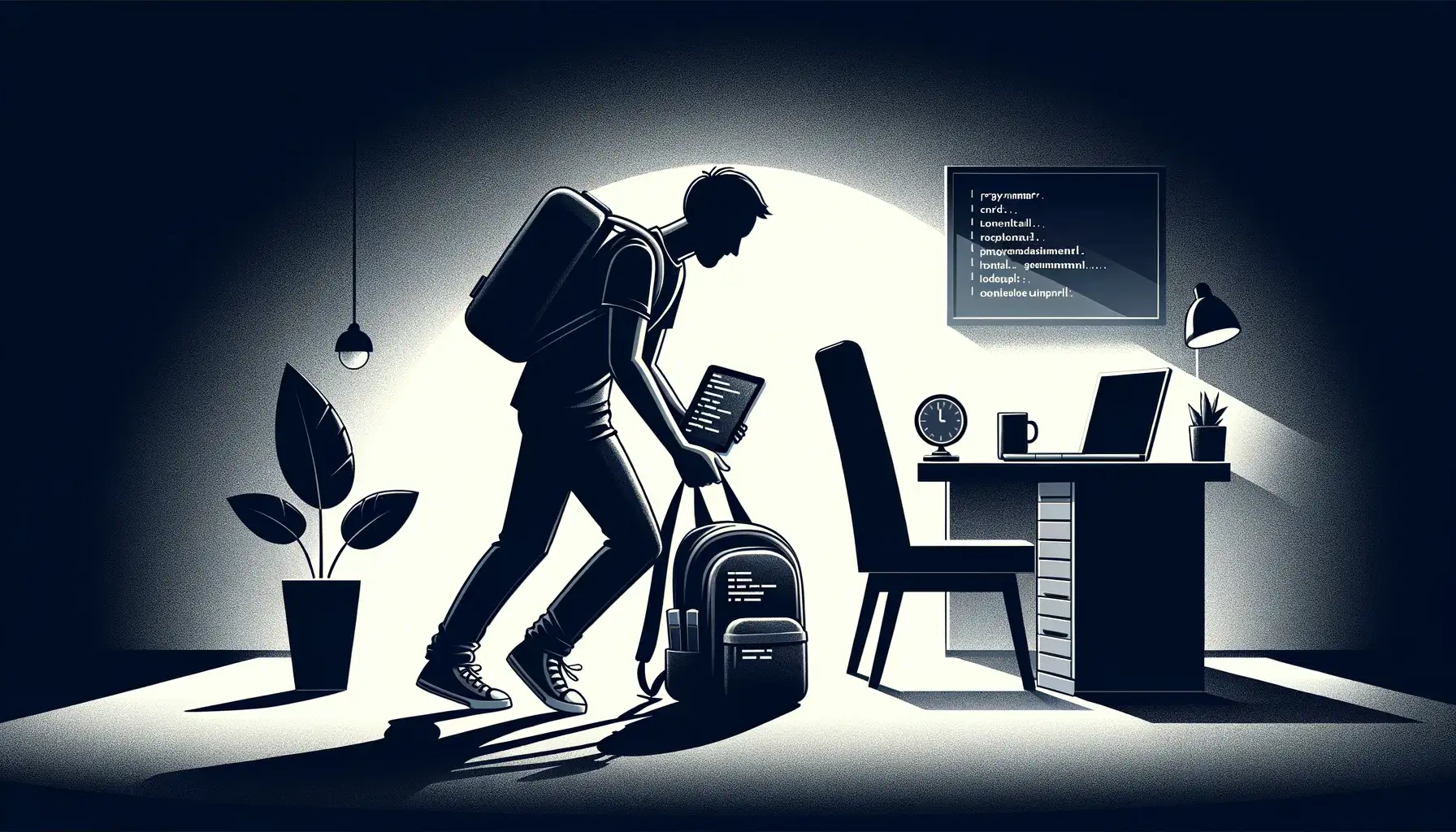 A programmer hurriedly packing a backpack with essentials in a dark room.