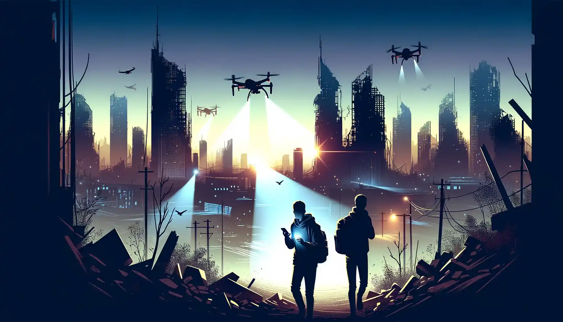 Mira and Ethan, moving cautiously through the shadows of a ruined city at night.